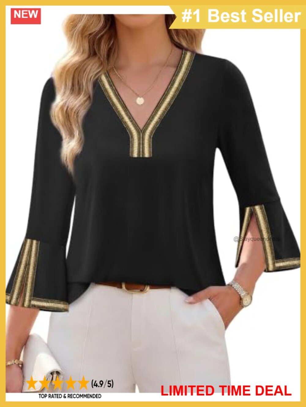 Womens Dressy Casual Blouse 3/4 Sleeve V-Neck Tunic Top